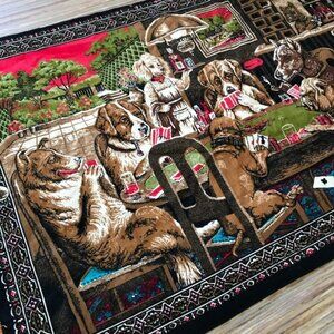 Dogs Playing Poker Printed Cotton Fabric Tapestry Panel Vintage Made in Turkey